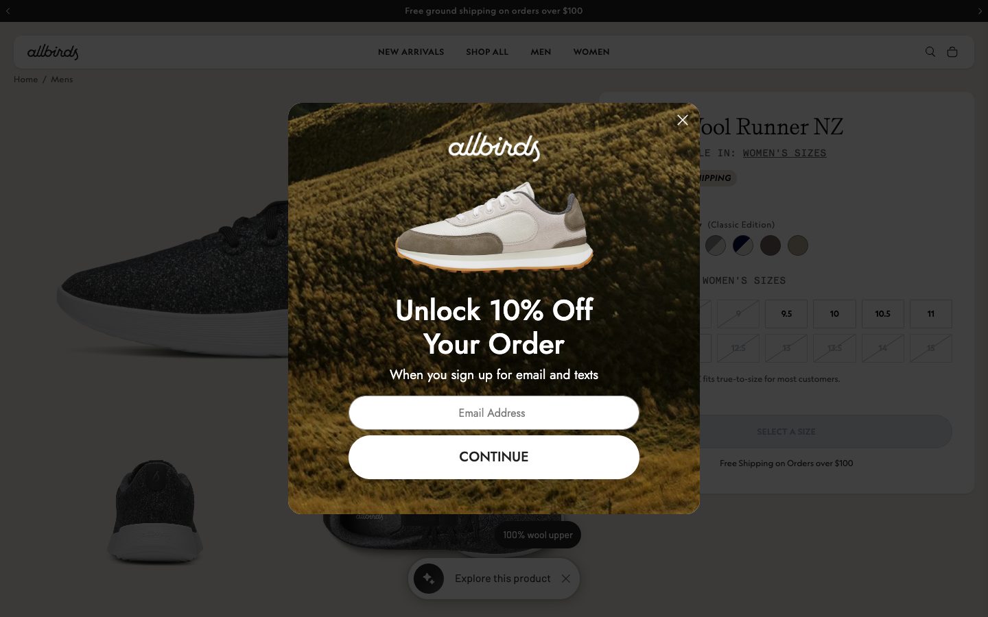 Карточка Allbirds, закрытая полноэкранным окном подписки на email и SMS со скидкой 10%