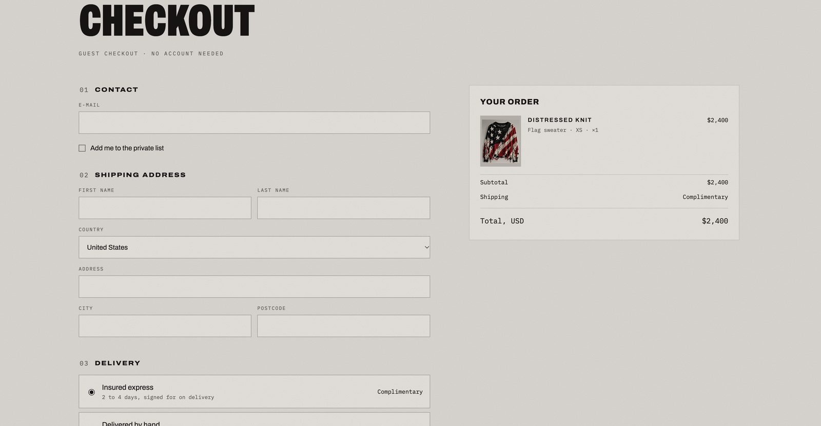 Disorder guest checkout with contact, shipping address and insured delivery options