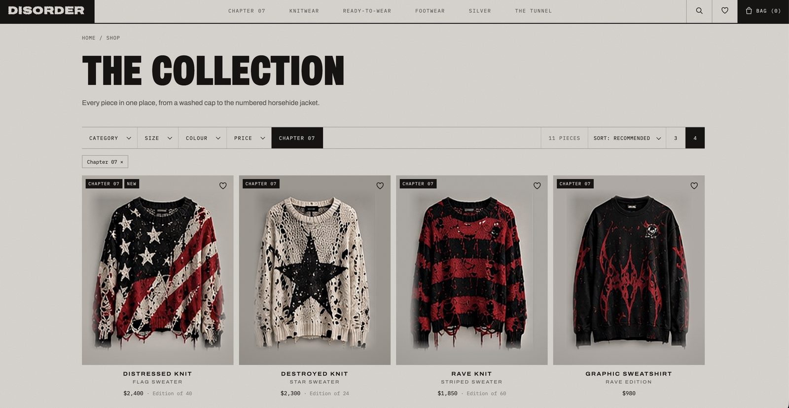 Disorder collection page with filters by category, size, colour, price and collection chapter