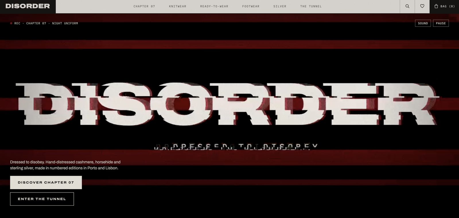 Home page of Disorder, a concept online store for a punk and rave clothing brand built by Peretz Agency