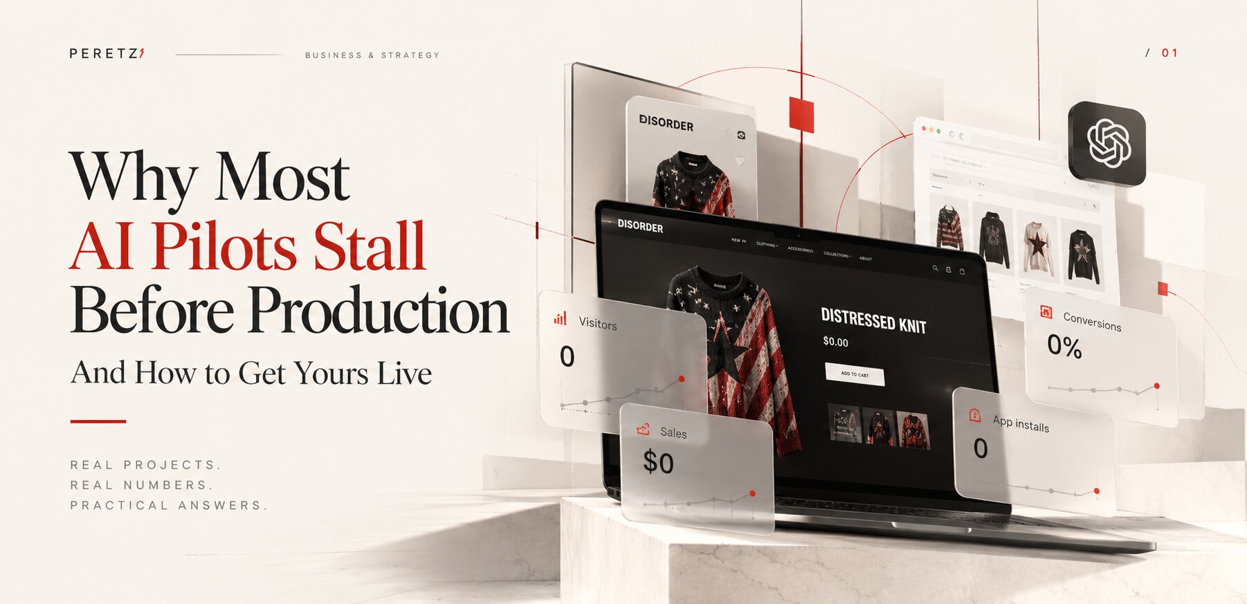Home page of Disorder, a concept online store Peretz Agency built as an AI pilot, cover of an article on why most AI pilots stall before production