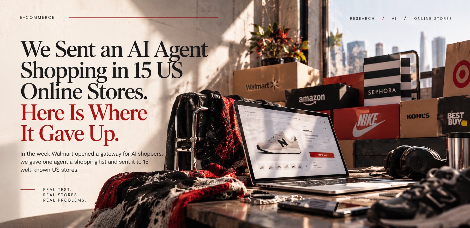 An AI shopping agent stopped by a bot check, a signup popup and a waiting page on US online stores, cover of a Peretz test of 15 stores