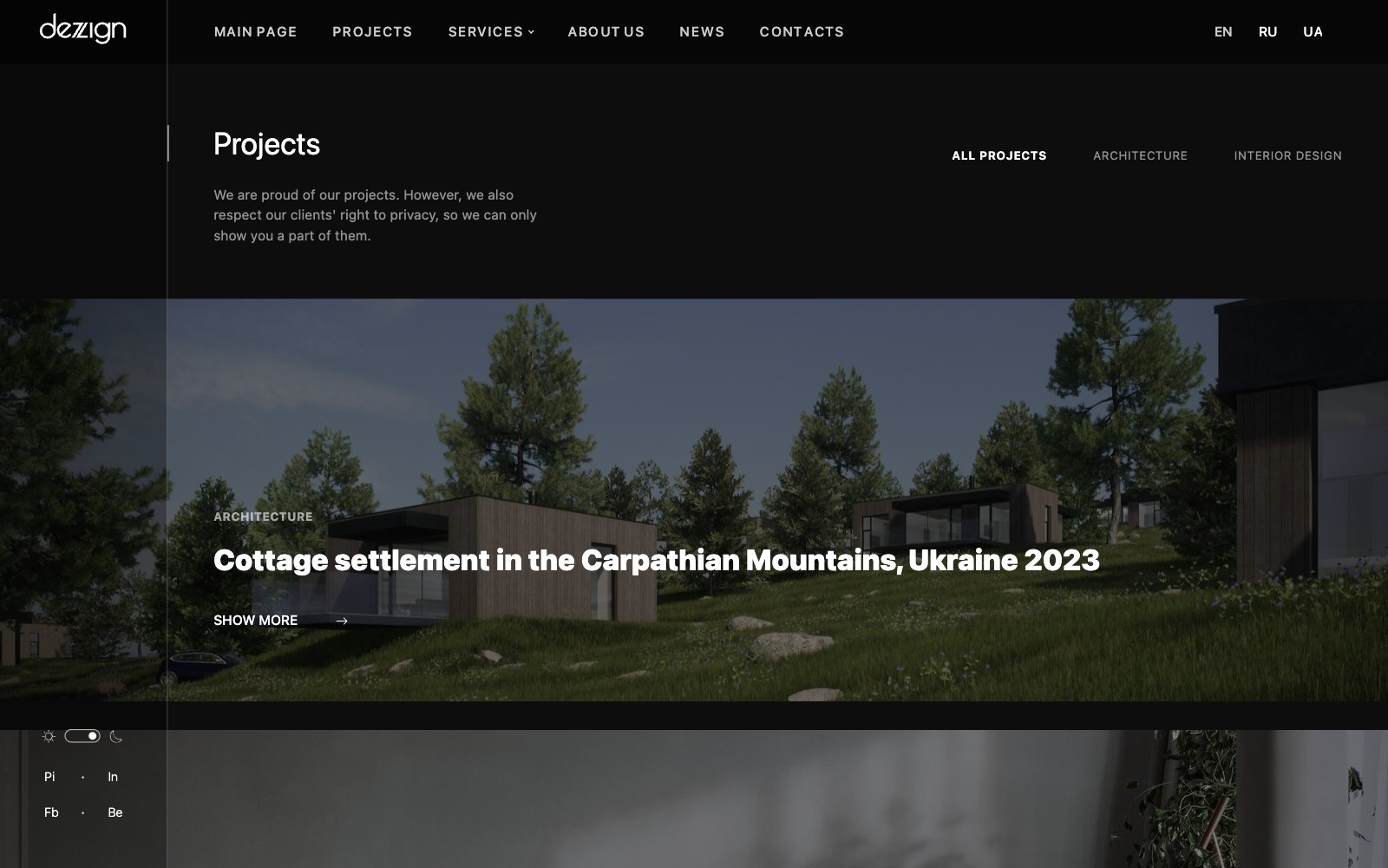 DeZZign portfolio page with project categories for houses, interiors and commercial buildings