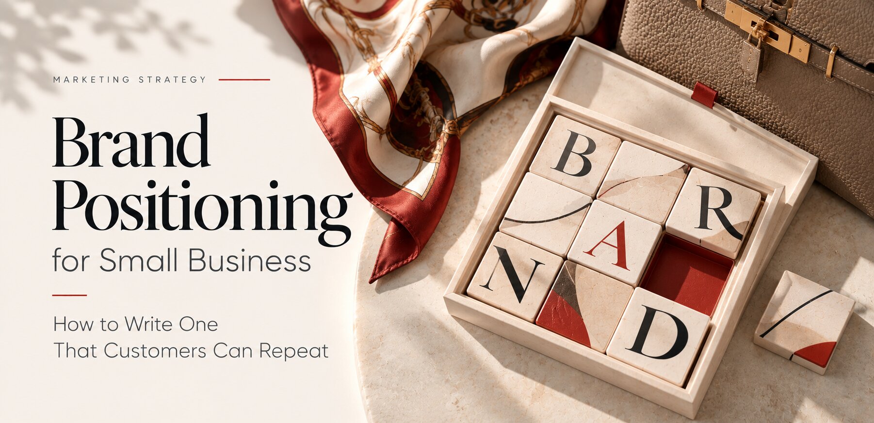 Brand positioning for small business, cover of a Peretz article with seven questions and a worksheet