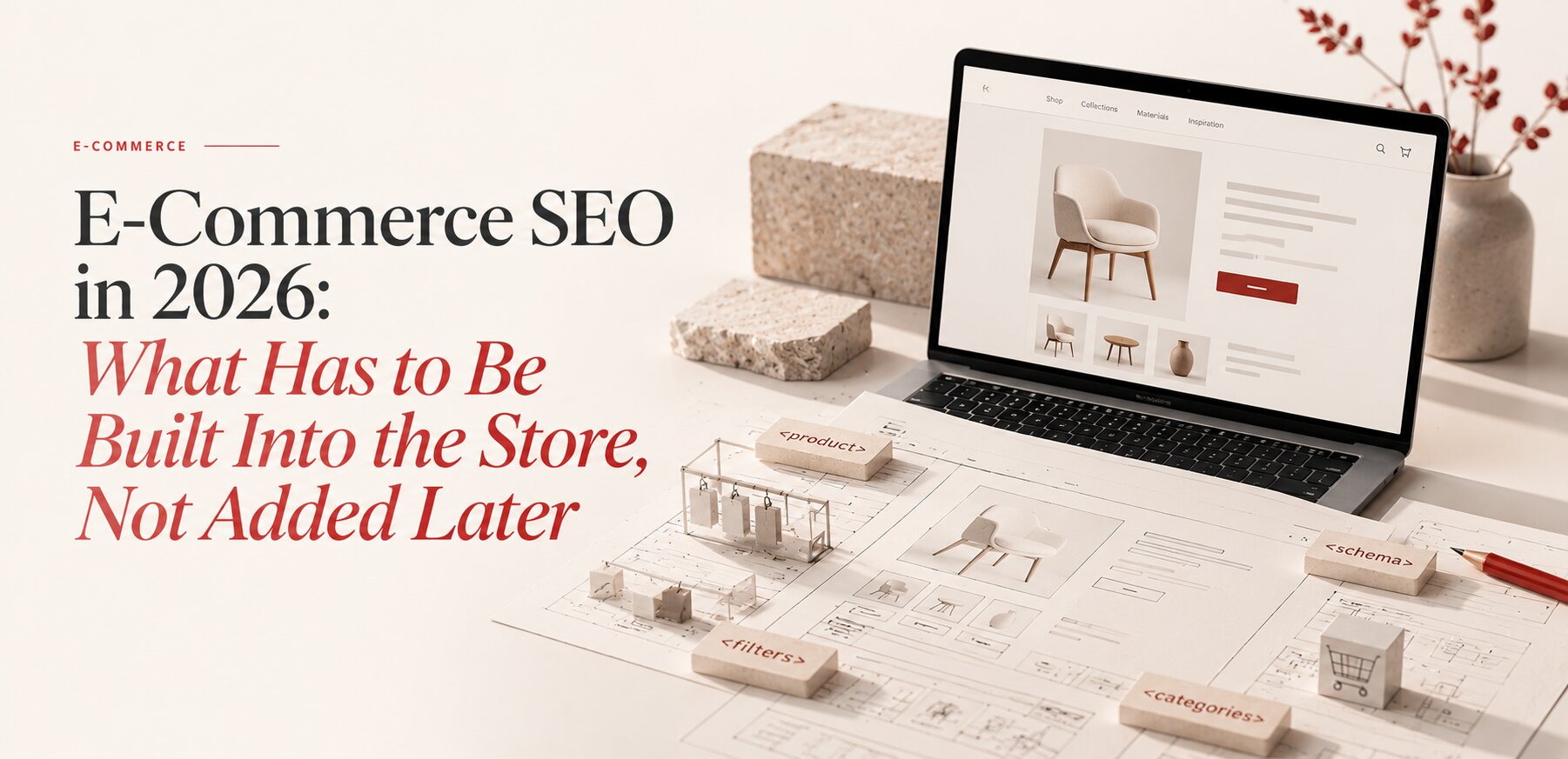 An online store's category structure and product card layout sketched next to search and AI assistant results, cover of a Peretz article on e-commerce SEO