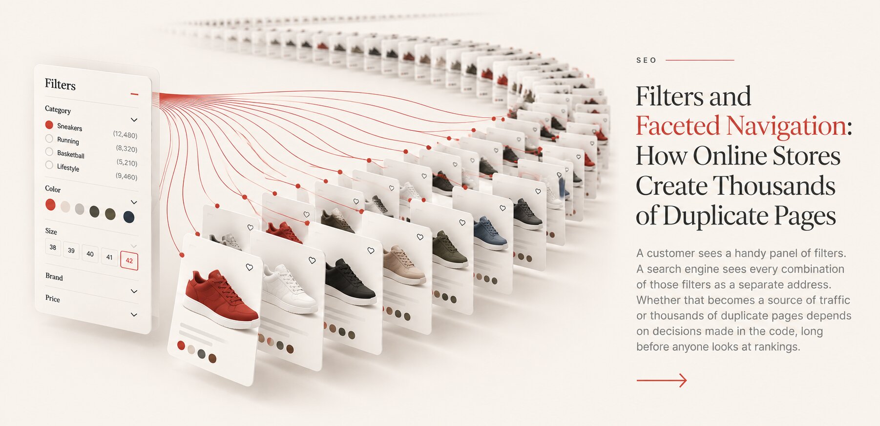 Product filters of an online store branching into many duplicate URLs and a few indexed landing pages, cover of a Peretz article on faceted navigation SEO