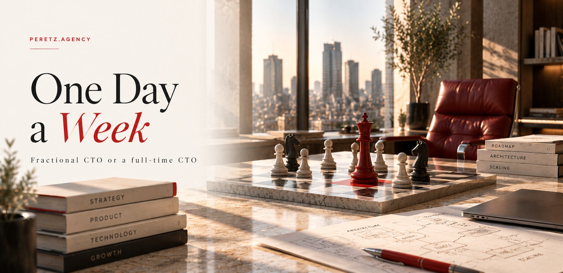 A marble chessboard with a red queen among black and white pieces, architecture sketches and a city view, cover of a Peretz article on fractional and full-time CTOs