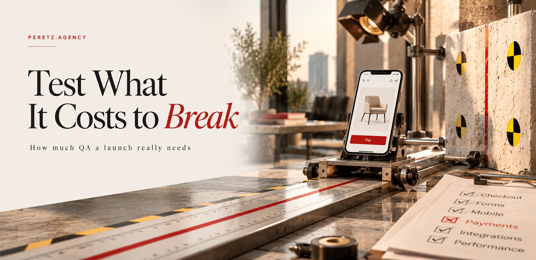 A smartphone with a checkout screen on a crash-test sled and a QA checklist with payments marked in red, cover of a Peretz article on testing before launch