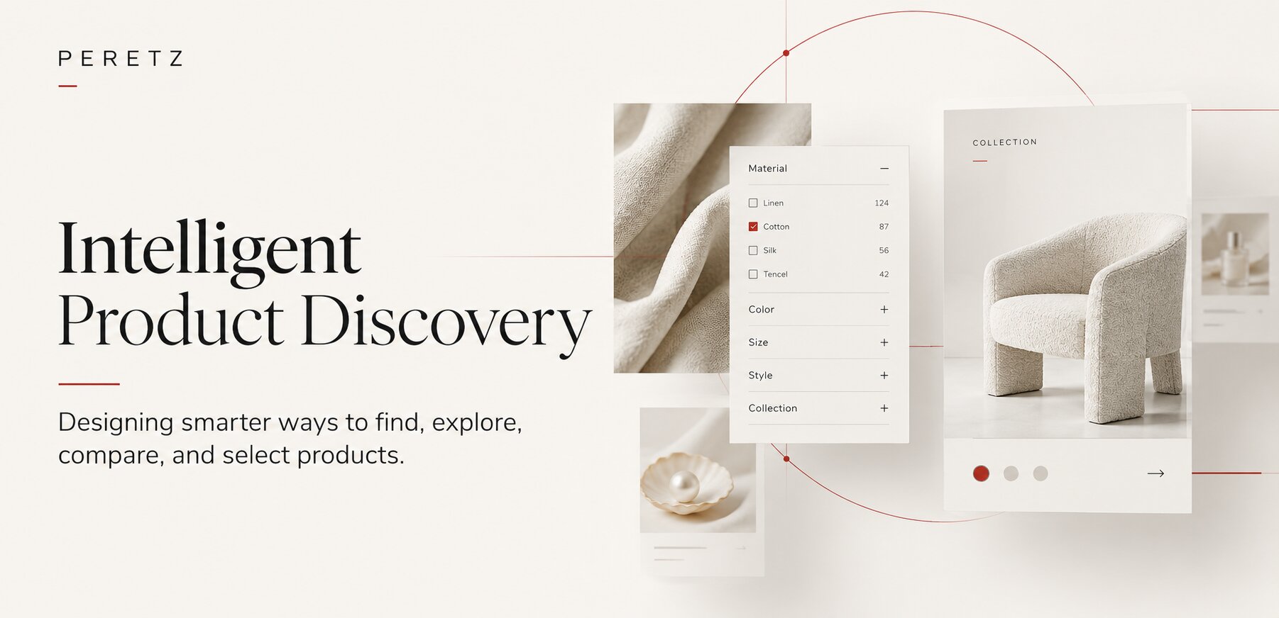 Intelligent Product Discovery cover by Peretz Agency: a textile swatch, a material filter with product counts, a pearl and an armchair from a collection