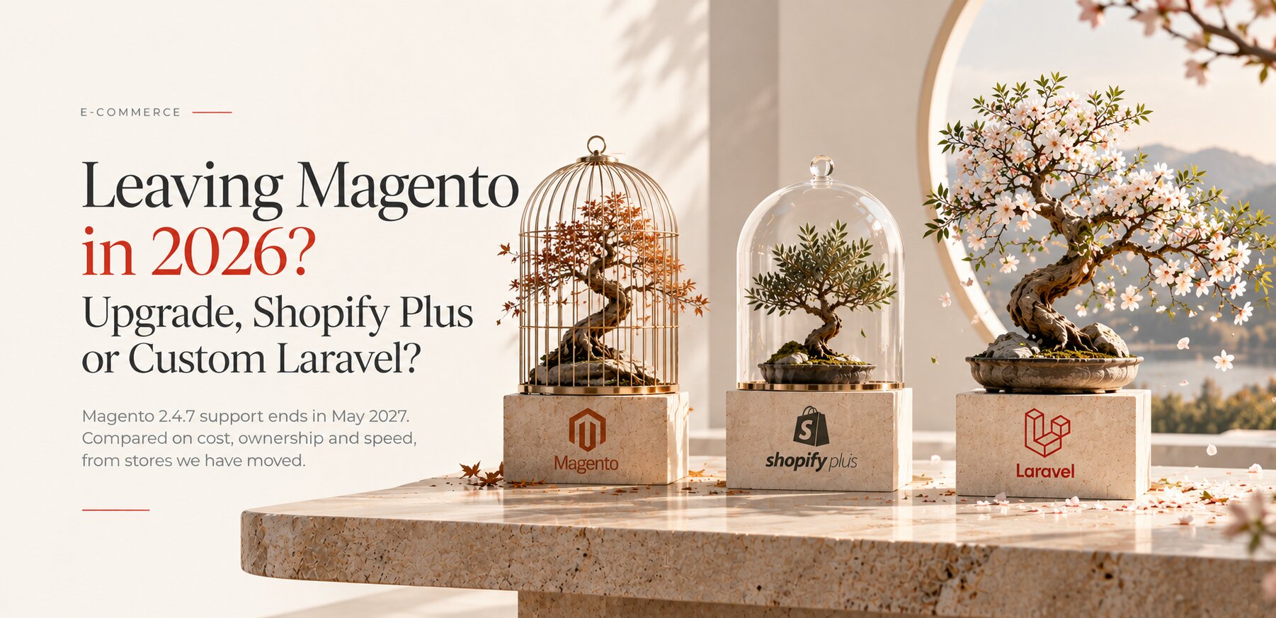 Leaving Magento in 2026, cover of a Peretz article comparing a Magento upgrade, Shopify Plus and custom Laravel