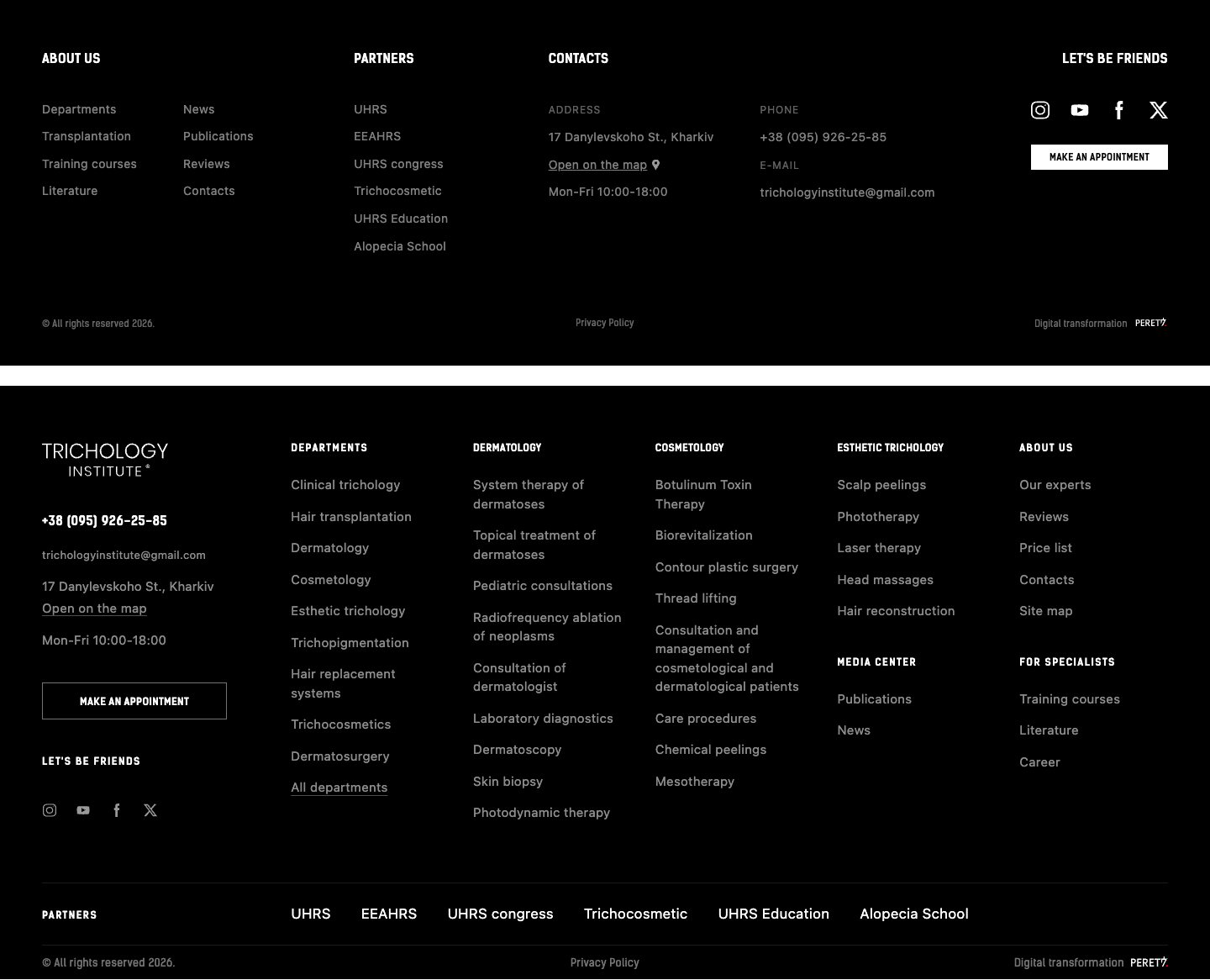 The Trichology Institute website footer before and after the refresh: a short list of links, then every department and service on one grid