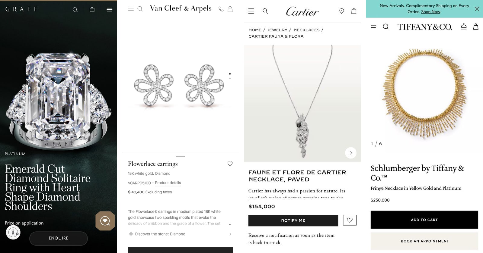 High jewellery product pages on a phone: Graff price on application, Van Cleef & Arpels $40,400, Cartier $154,000, Tiffany $250,000