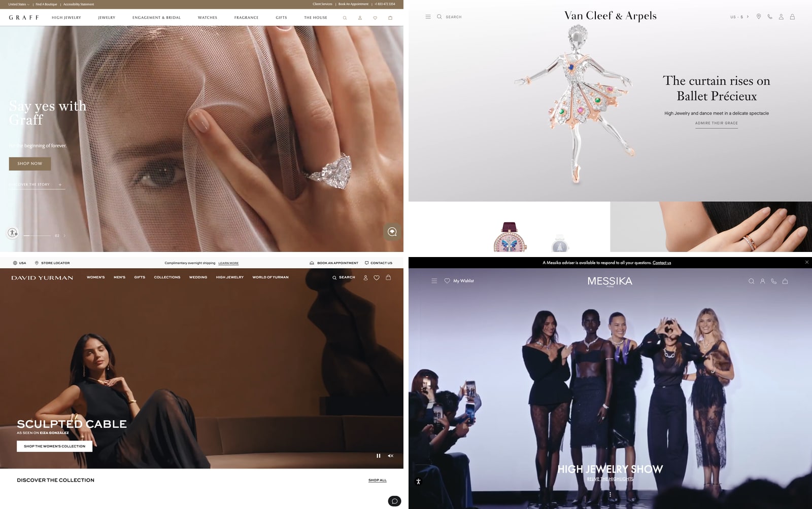First screens of the Graff, Van Cleef & Arpels, David Yurman and Messika home pages on desktop