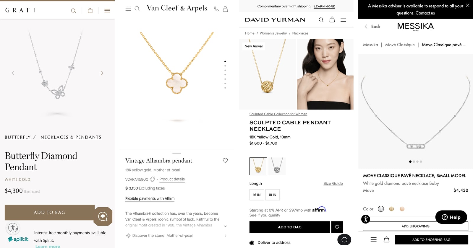 Product pages on a phone at Graff, Van Cleef & Arpels, David Yurman and Messika showing where the price and the buy button land