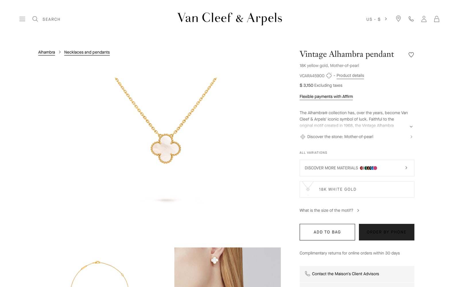 Van Cleef & Arpels Vintage Alhambra pendant page with an Order by Phone button in black text on a near-black background