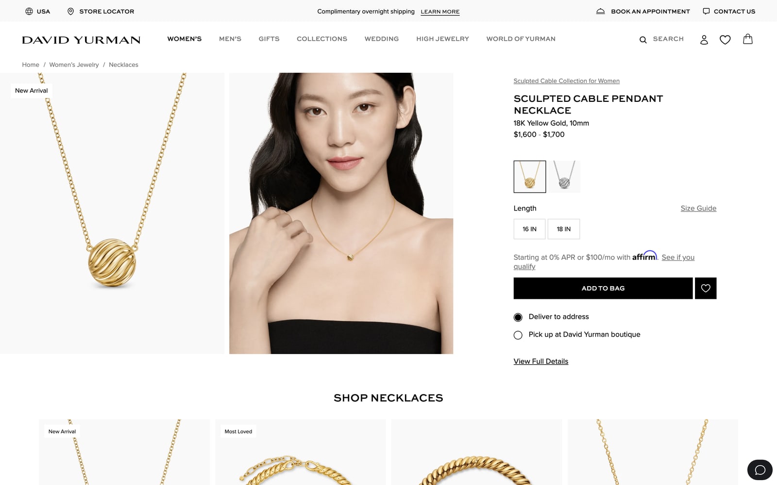 David Yurman Sculpted Cable pendant page with a price range, Affirm instalments, Add to Bag and boutique pick-up option
