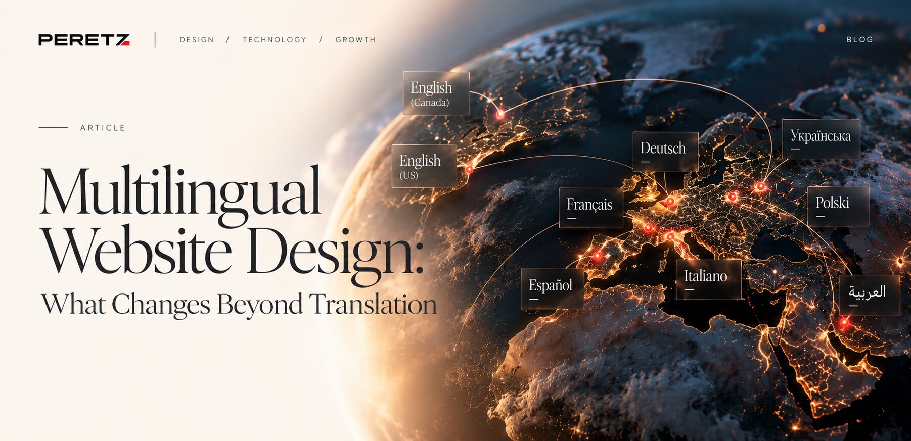 Multilingual website design, cover of a Peretz article on designing sites for several languages and markets