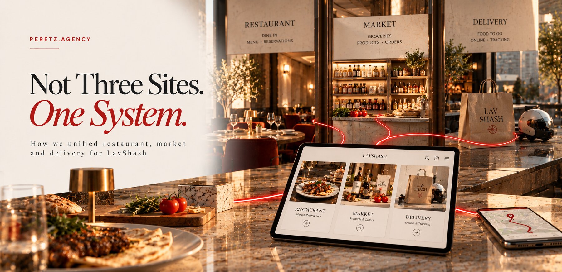 A tablet with the LavShash restaurant, market and delivery sections, linked by red lines to the three counters behind it, cover of a Peretz article on one system for a food business