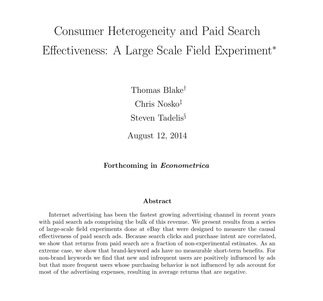 First page of Consumer Heterogeneity and Paid Search Effectiveness by Blake, Nosko and Tadelis, field experiments at eBay