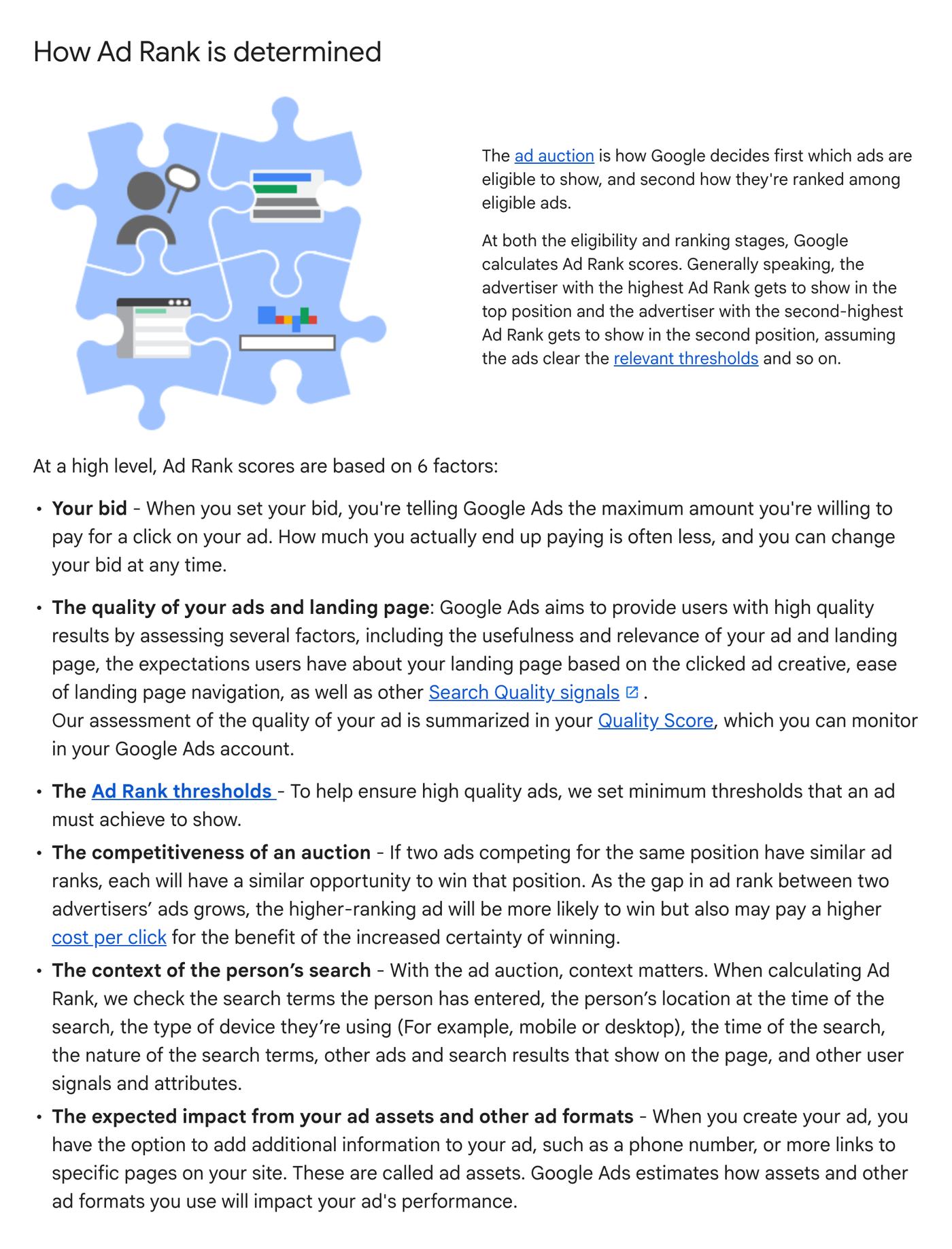 Google Ads Help page About Ad Rank: How Ad Rank is determined, six factors including the bid and the quality of the ads and landing page