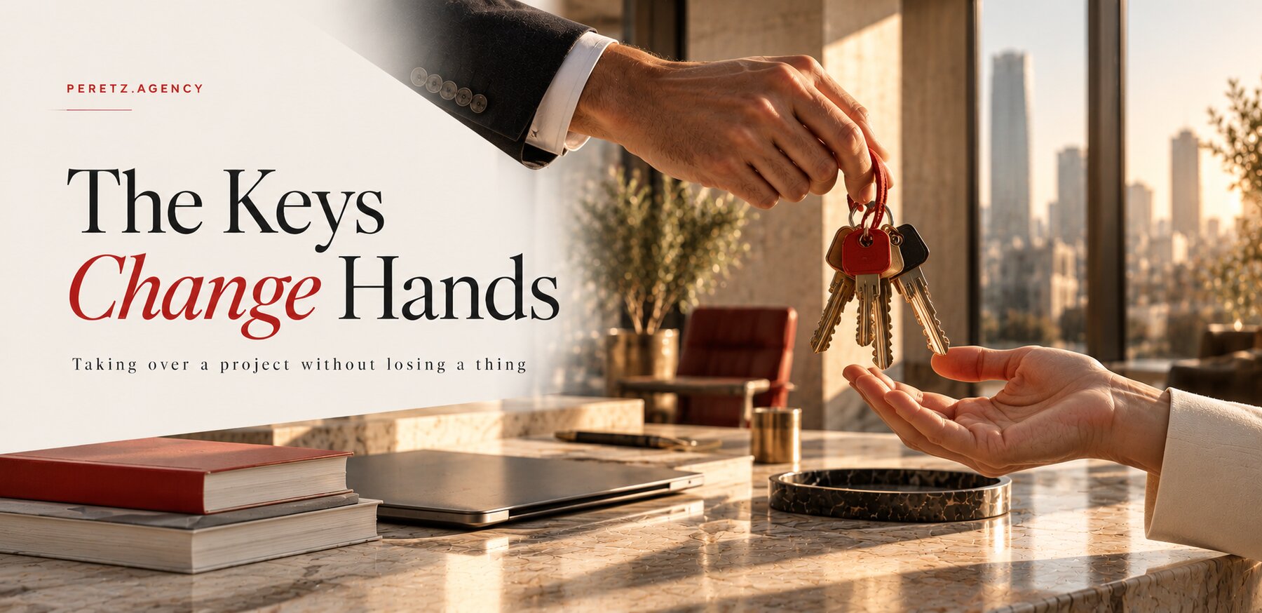 One hand passing a bunch of keys on a red ring to another over a marble desk, cover of a Peretz article on taking over a project from another developer