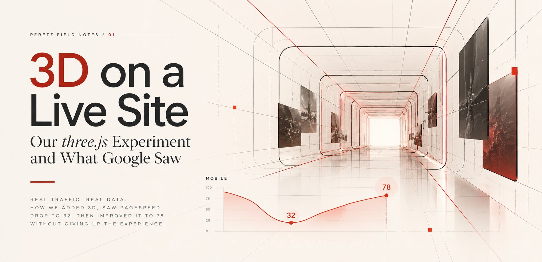 The Peretz Agency home page hero as a 3D tunnel next to the light version for devices without a graphics chip, cover of an article on three.js and SEO