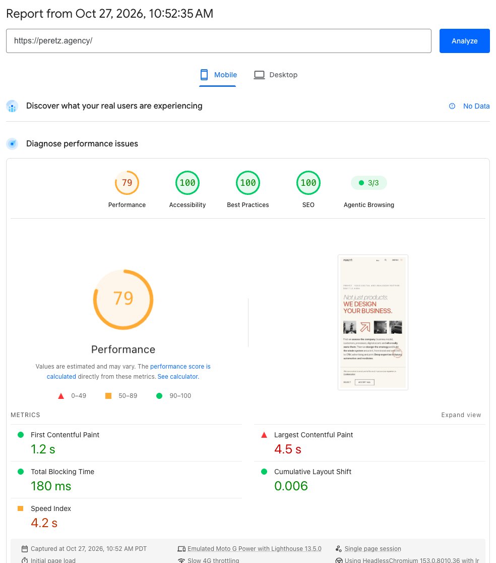 PageSpeed Insights mobile report for the peretz.agency home page