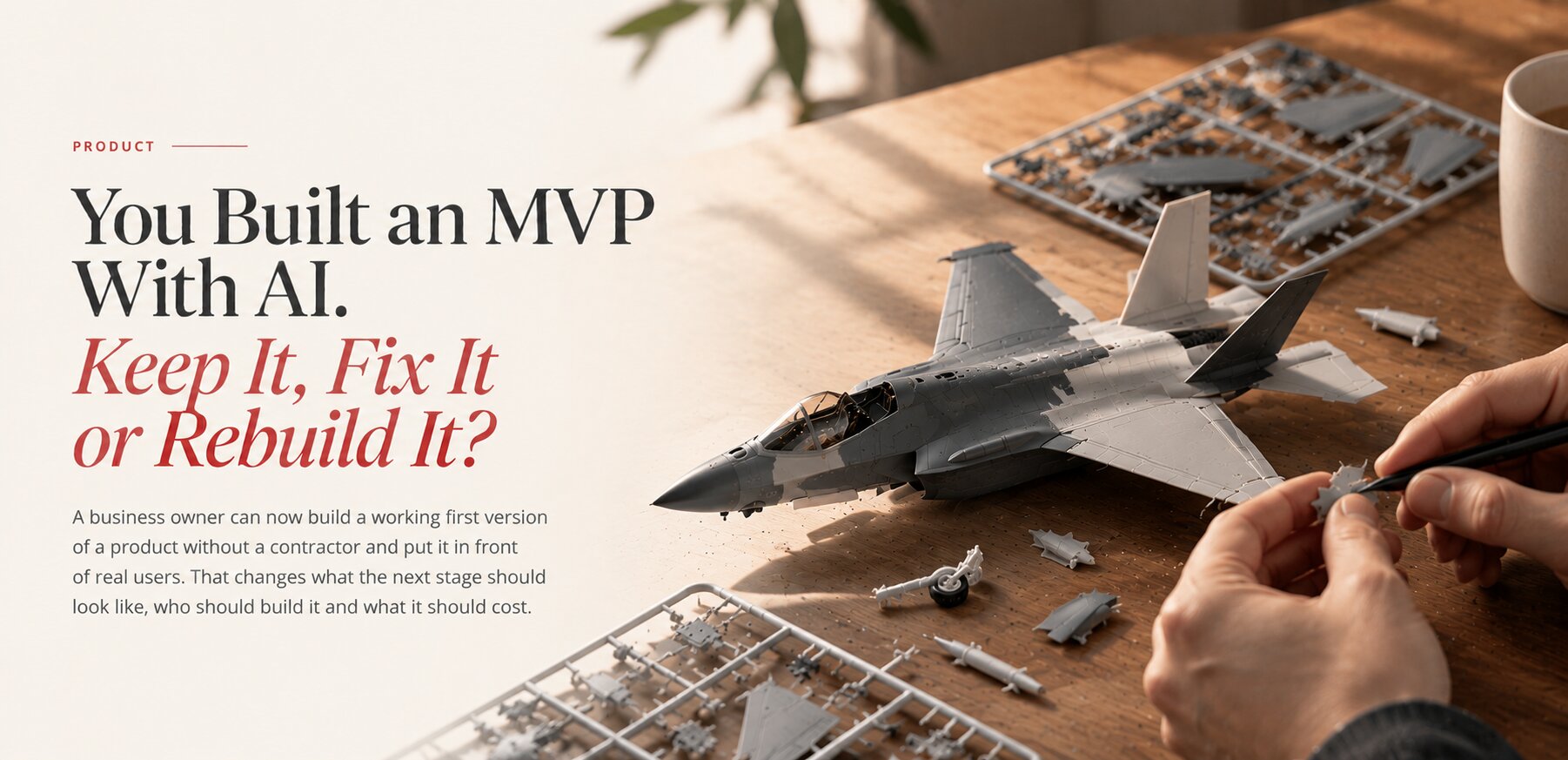 A business owner's AI-built MVP on a laptop next to a development team's review notes, cover of a Peretz article on vibe-coded MVPs