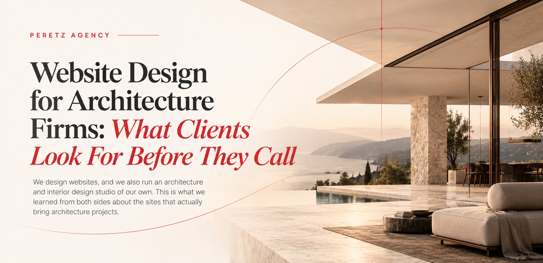Website design for architecture firms, cover of a Peretz article on what clients look for before contacting a studio