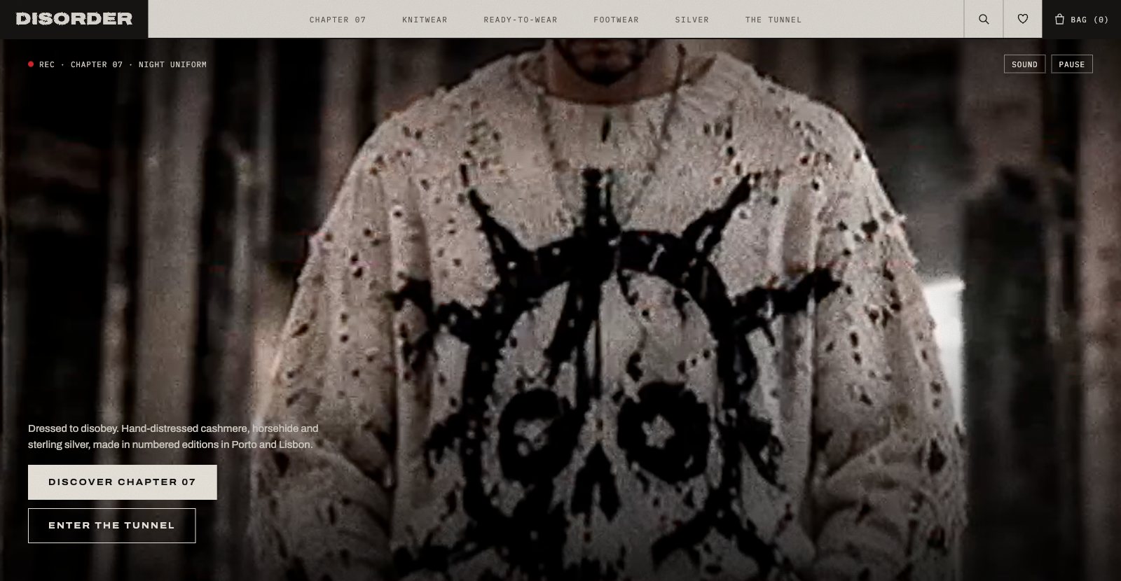 Home page of Disorder, a concept online store for an invented punk and rave clothing brand built by Peretz Agency