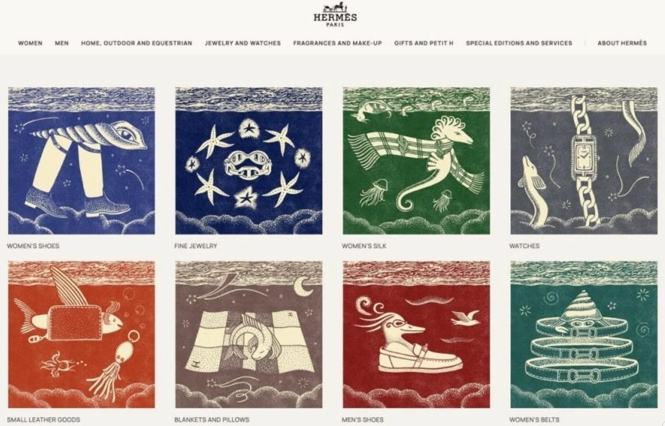 Hermès home page in January 2026: a grid of hand-drawn marine illustrations, one for each section, from women's shoes to belts