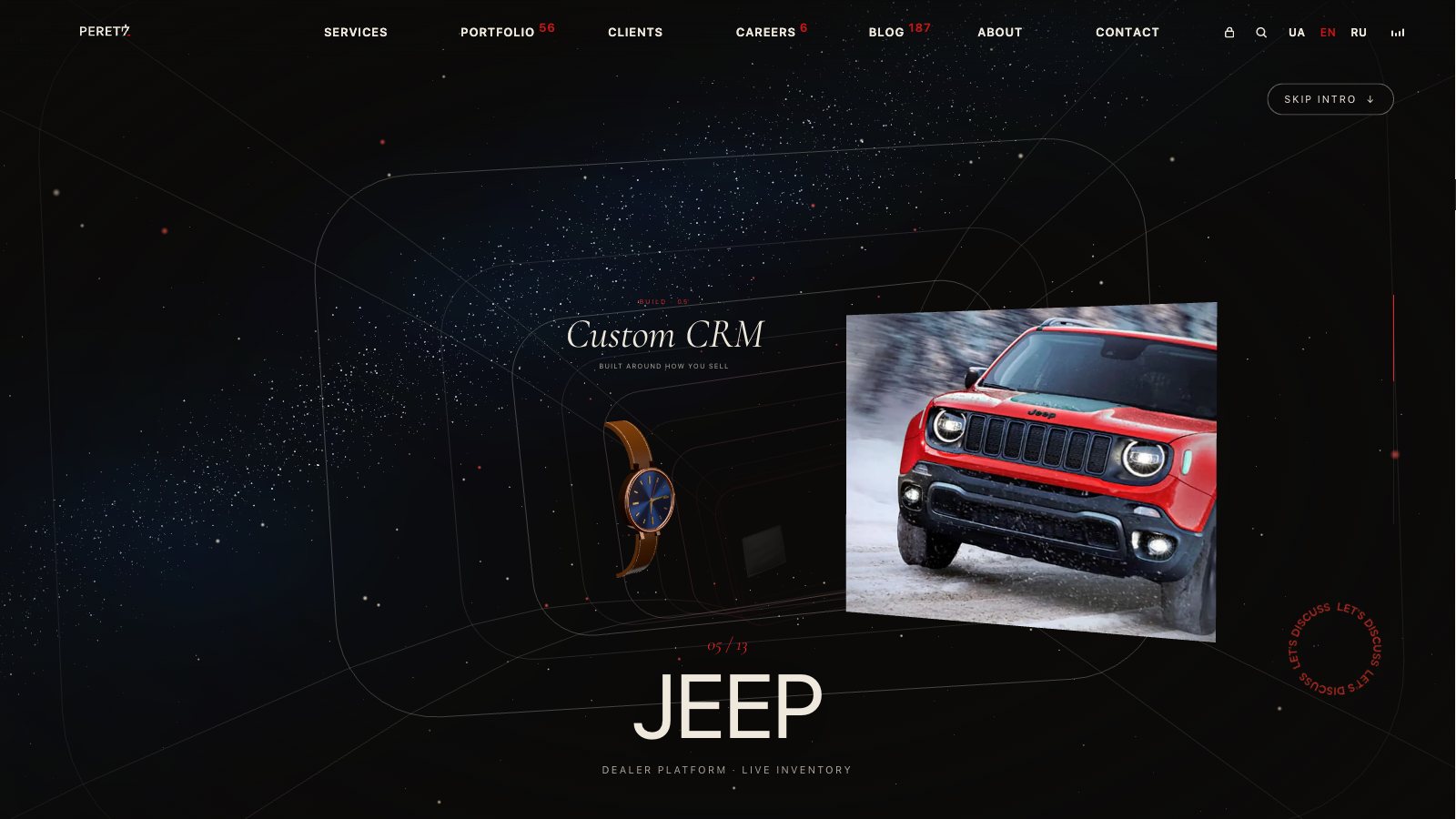 The peretz.agency home page: a 3D tunnel of projects with a Jeep dealer platform frame and a 3D watch