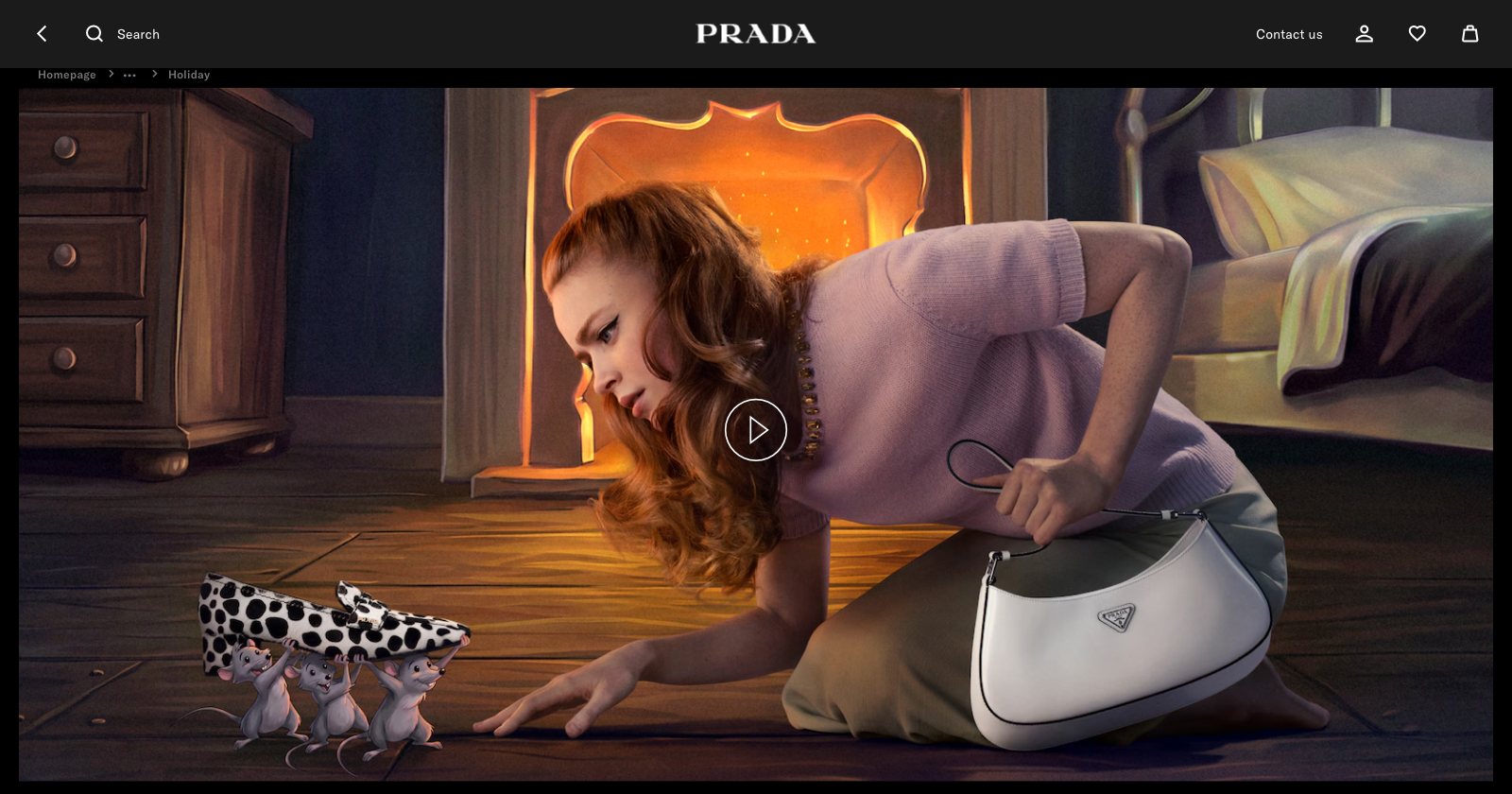 Prada Holiday 2026 campaign page: a woman in a lilac sweater reaches for a spotted loafer carried by three hand-drawn mice